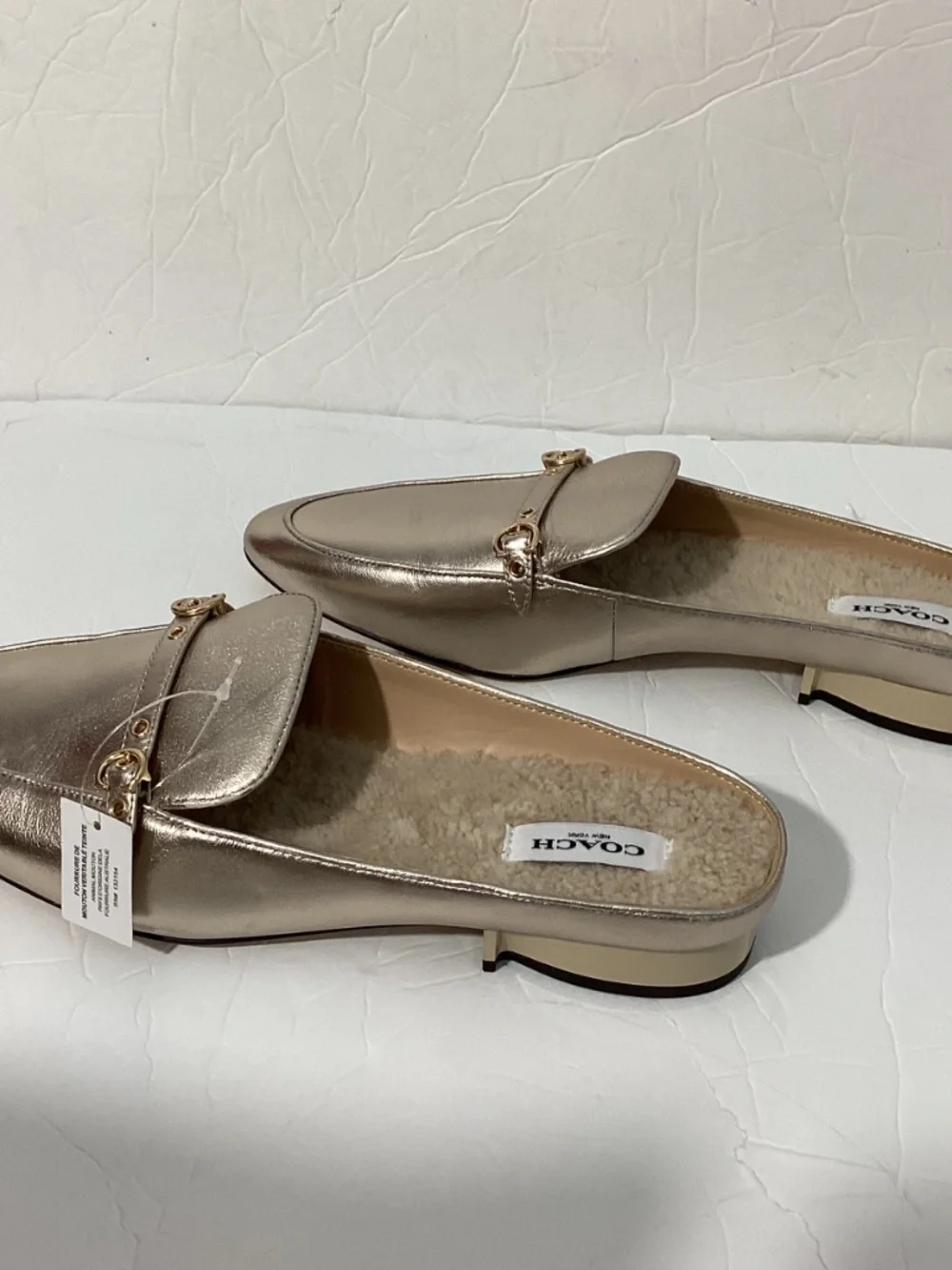 NEW W/OUT BOX COACH MULES IRENE METALLIC GOLDEN SHEARLING LINING